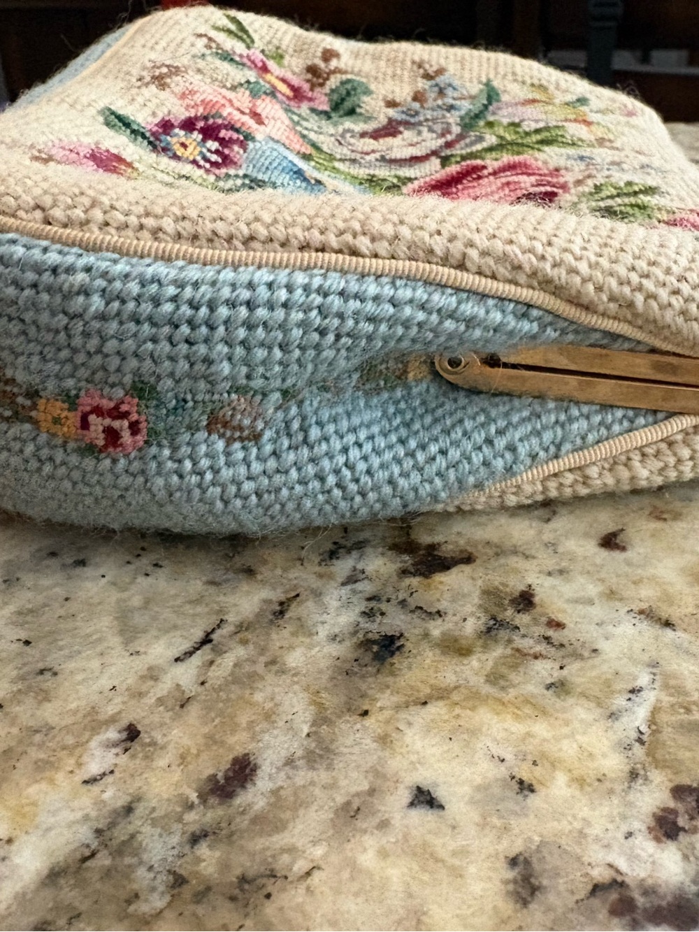 Floral Needlepoint Wristlet Clutch in Cream and Light Blue - Picture 2 of 6